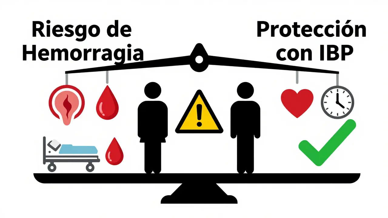 Balanza que equilibra riesgo de hemorragia y protección con IBP durante 6-12 meses.