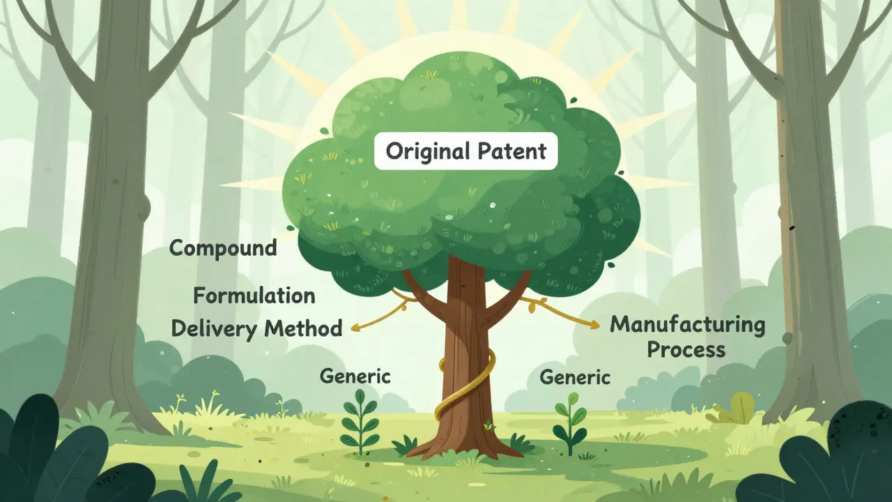 Bosque de patentes secundarias que bloquean el crecimiento de genéricos, con una extensión de protección en oro.
