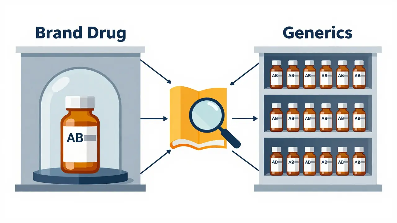 Comparación visual entre medicamentos de marca y genéricos conectados a la base de datos Orange Book.