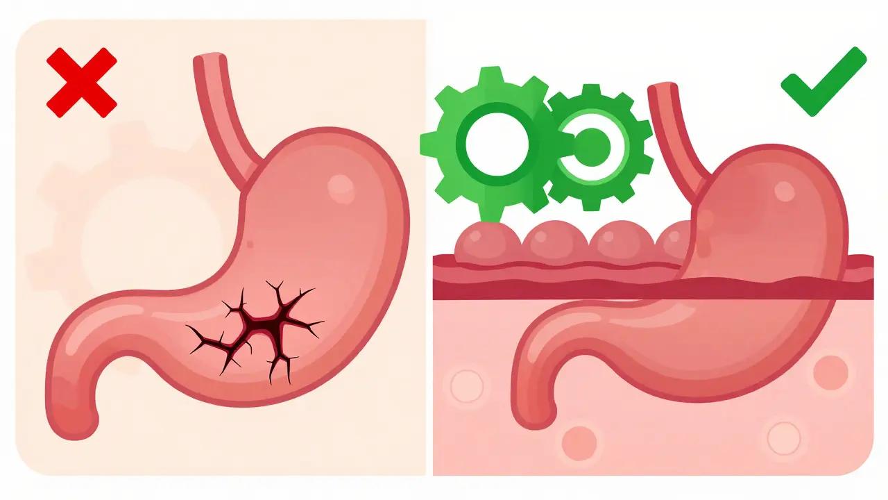 Comparación visual entre omeprazol (riesgo) y pantoprazol/esomeprazol (protección) en el estómago.