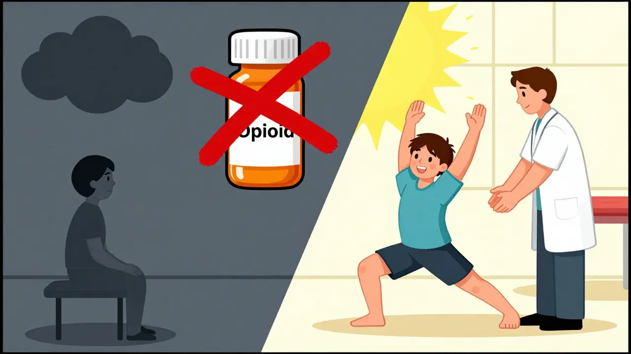 Escena dividida: paciente con opioide a la izquierda, mismo paciente en terapia con luz a la derecha.