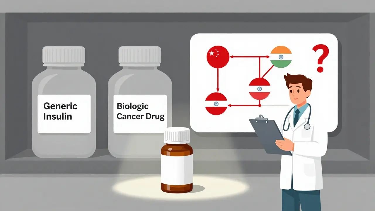 Estantería de farmacia en EE.UU. con inventario bajo y vínculos de cadena de suministro hacia Asia.