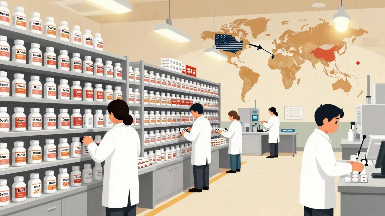 Fábrica de medicamentos genéricos en la India con botellas empaquetadas y mapas mundiales de distribución.