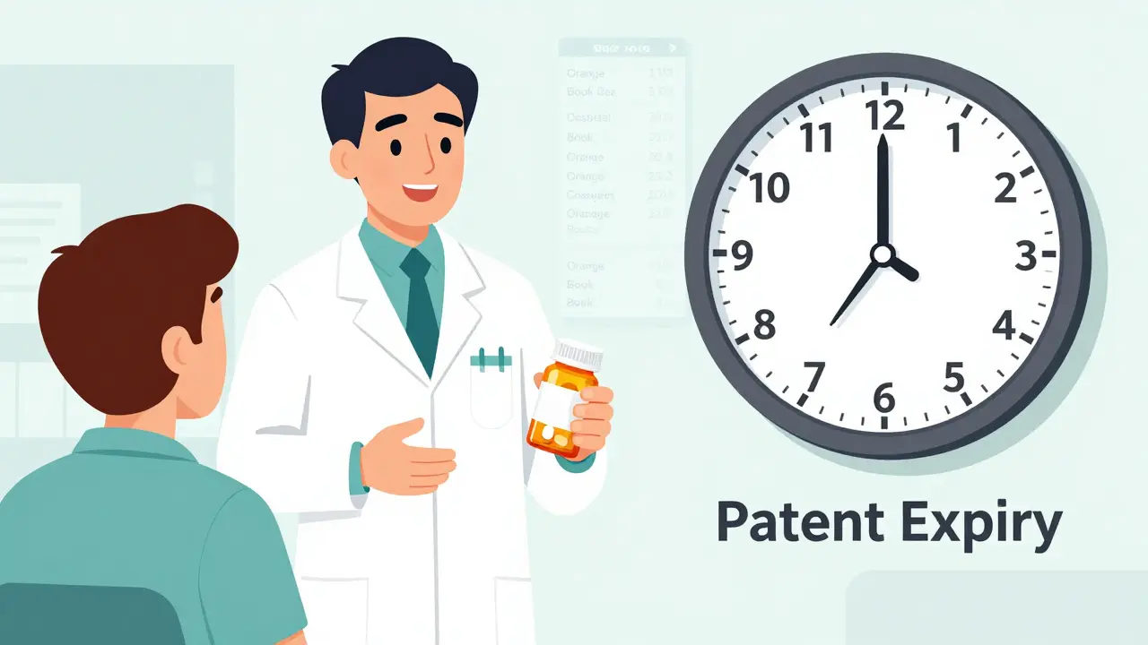 Farmacéutico entrega un medicamento genérico mientras una patente expira en una pantalla digital.