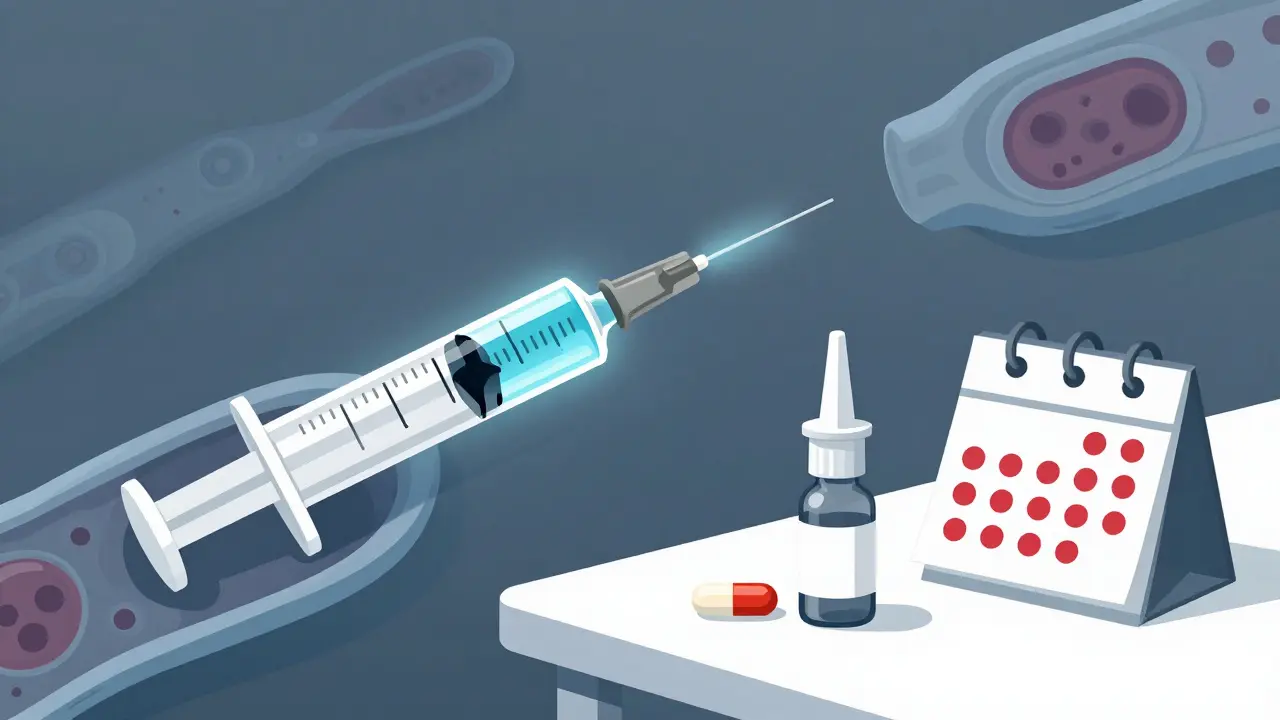 Jeringa inyectando una molécula CGRP junto a pastillas y spray de tratamiento, sobre mesa minimalista.