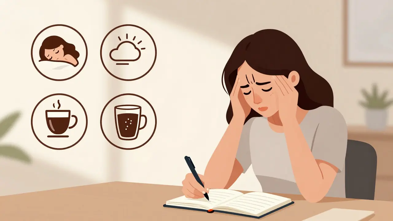 Mujer anotando un diario de migrañas con íconos de sueño, cafeína y clima flotando sobre ella.