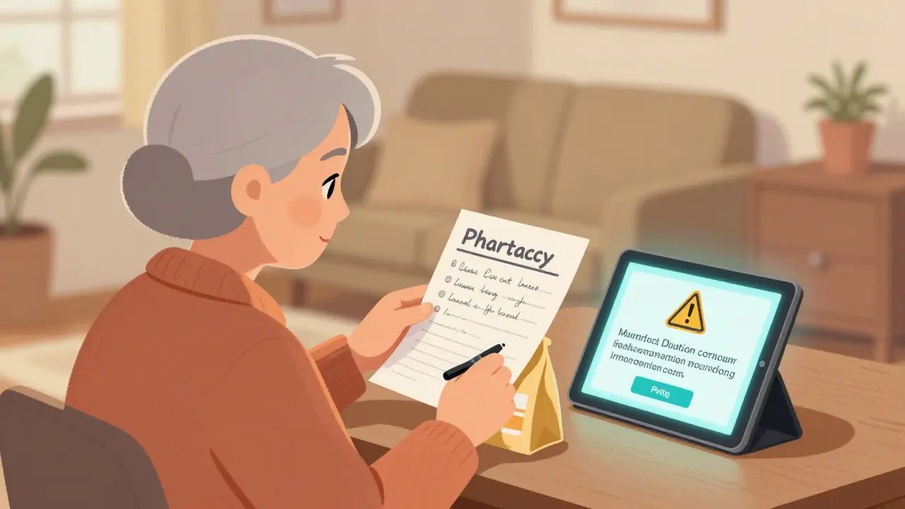 Mujer mayor revisa su lista de medicamentos mientras una alerta digital muestra una interacción peligrosa.