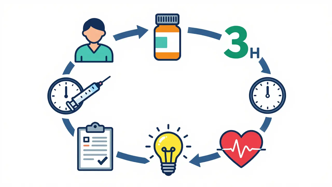 Ocho iconos minimalistas representan los derechos de seguridad farmacéutica en un diseño circular.