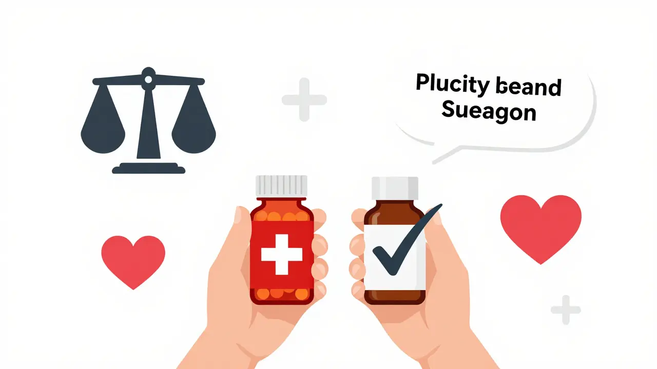 Paciente compara medicamento de marca con genérico, ambos son seguros y económicos.