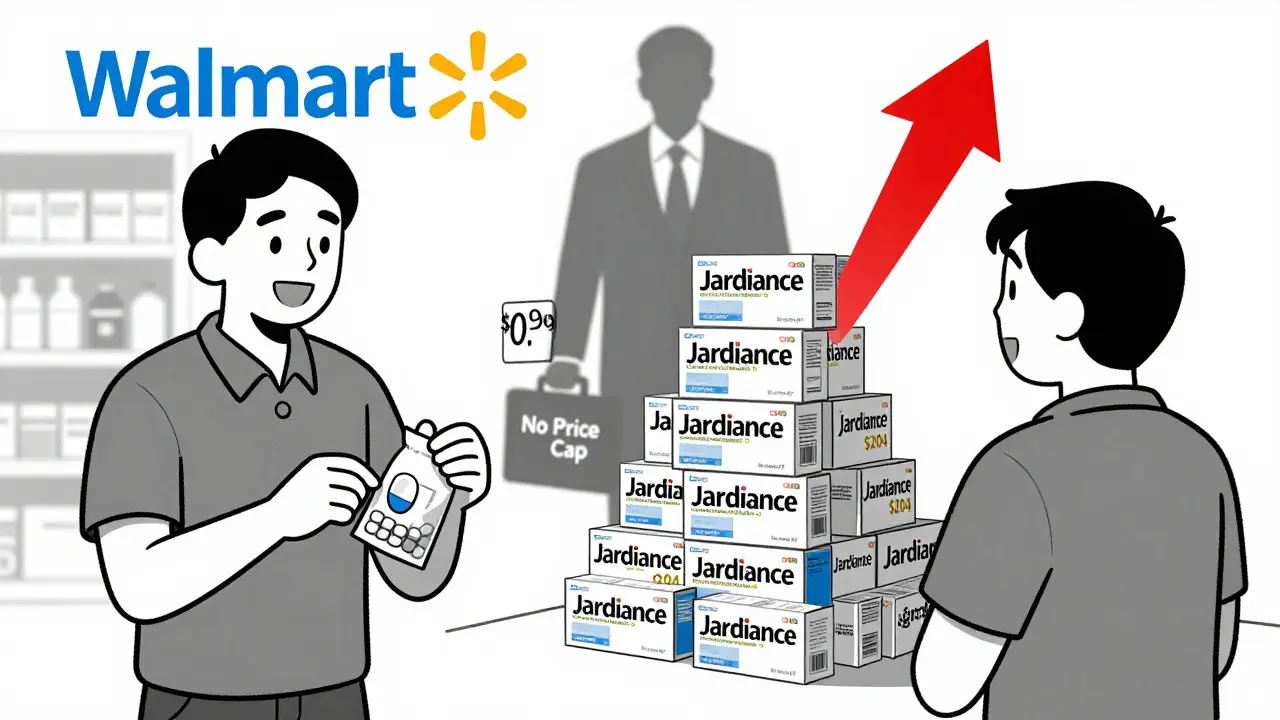 Paciente feliz con medicamentos genéricos baratos a un lado, y preocupado frente a medicamentos de marca muy caros al otro.