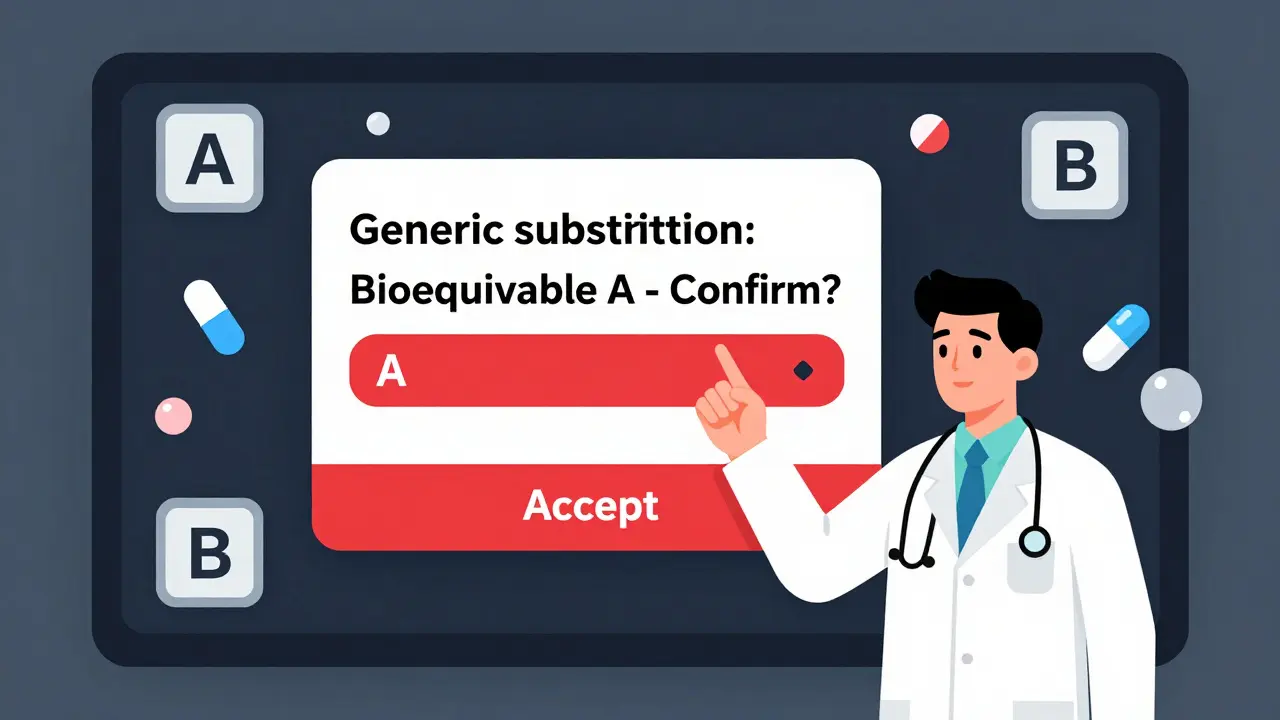 Panel de hospital con alerta de sustitución genérica y calificación de equivalencia A y B.