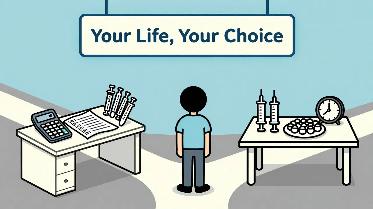 Persona en una encrucijada entre rutina compleja y simplicidad en el manejo de la diabetes, estilo suizo.