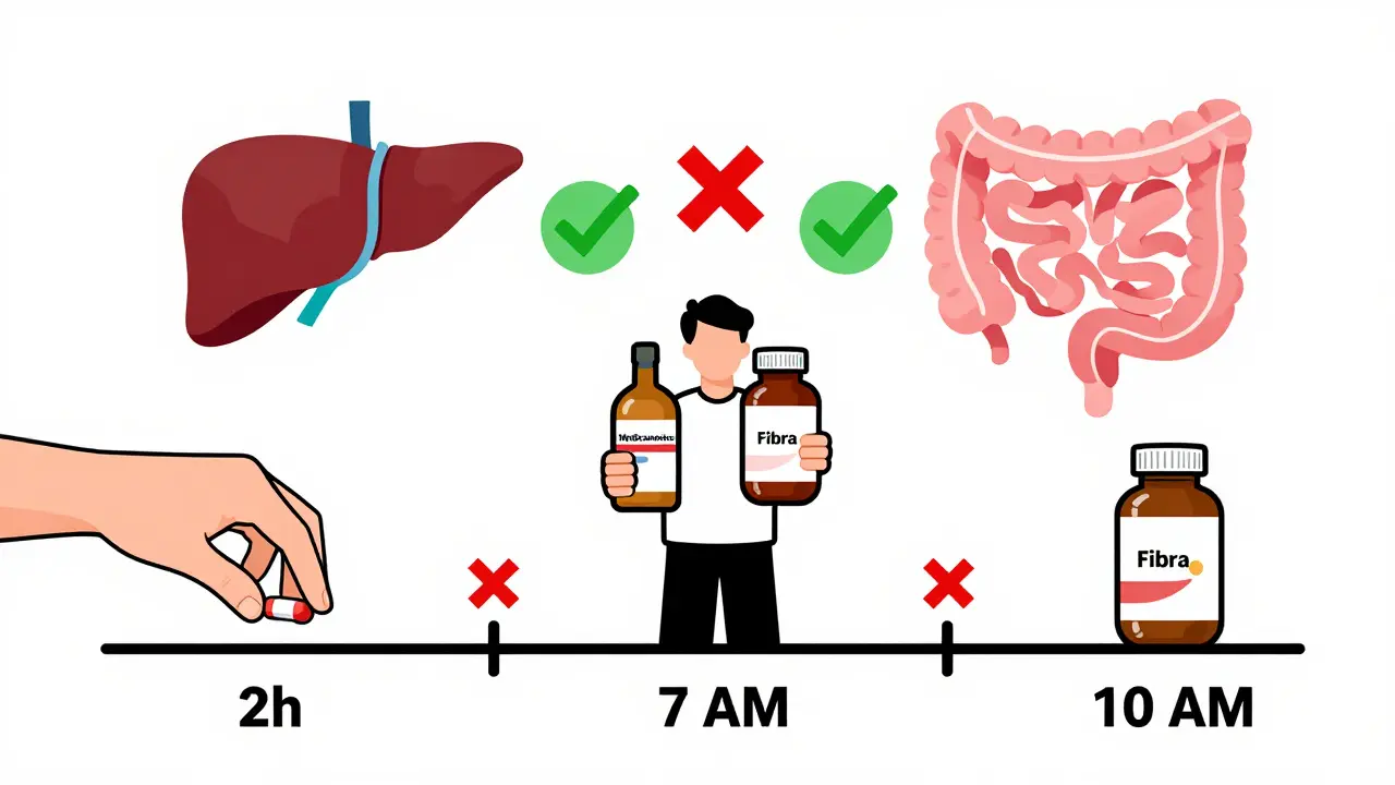 Persona en una línea de tiempo separando la toma de medicamentos y suplementos de fibra.