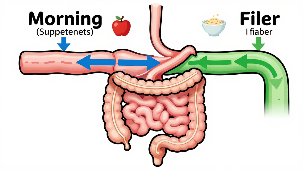 Sistema digestivo simplificado con medicamentos y fibra en horarios distintos, sin superposición.