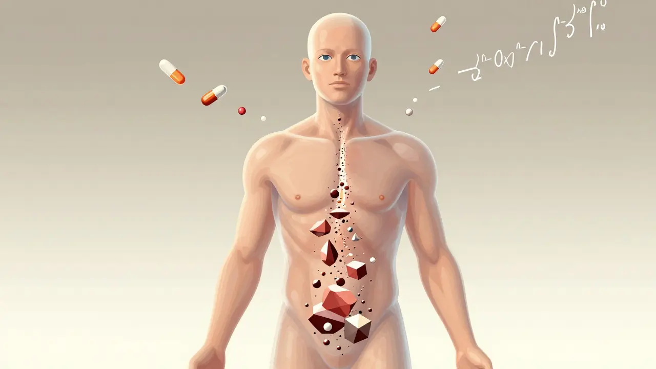 Torso virtual con partículas flotantes que simulan la liberación de un medicamento.