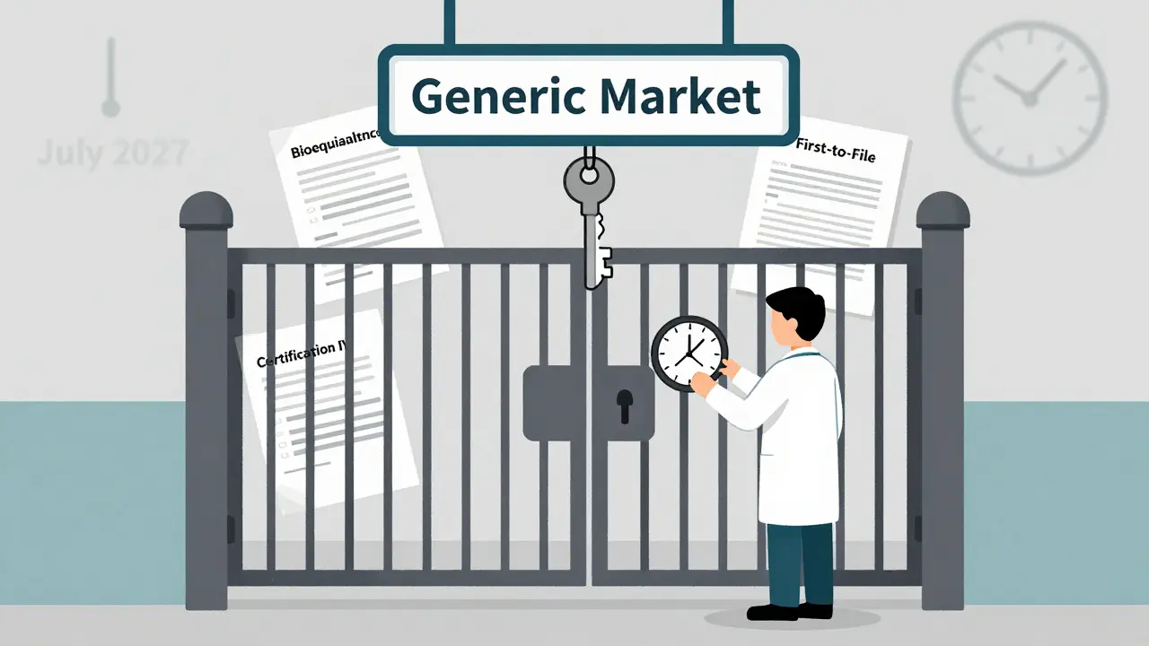 Una llave marca 'Primero en presentar' abre una puerta bloqueada al mercado de genéricos, con documentos y un reloj.