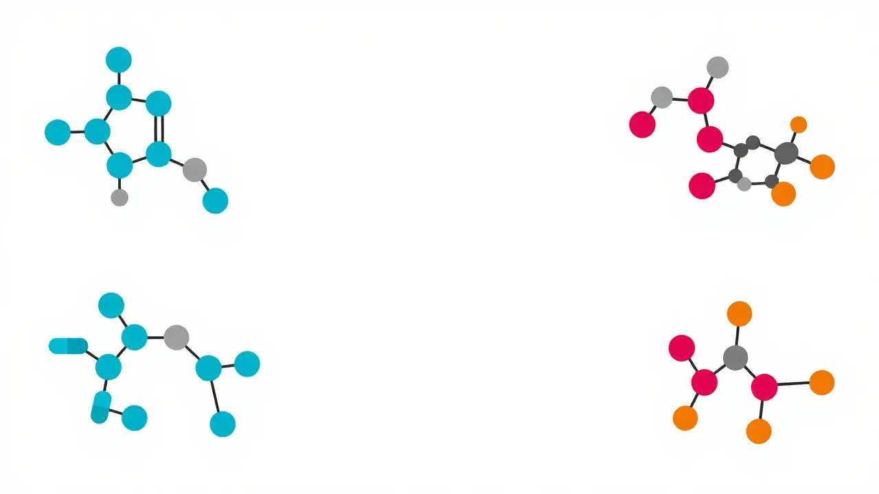 Agrupaciones geométricas de pastillas mostrando riesgos de reacciones cruzadas de medicamentos.