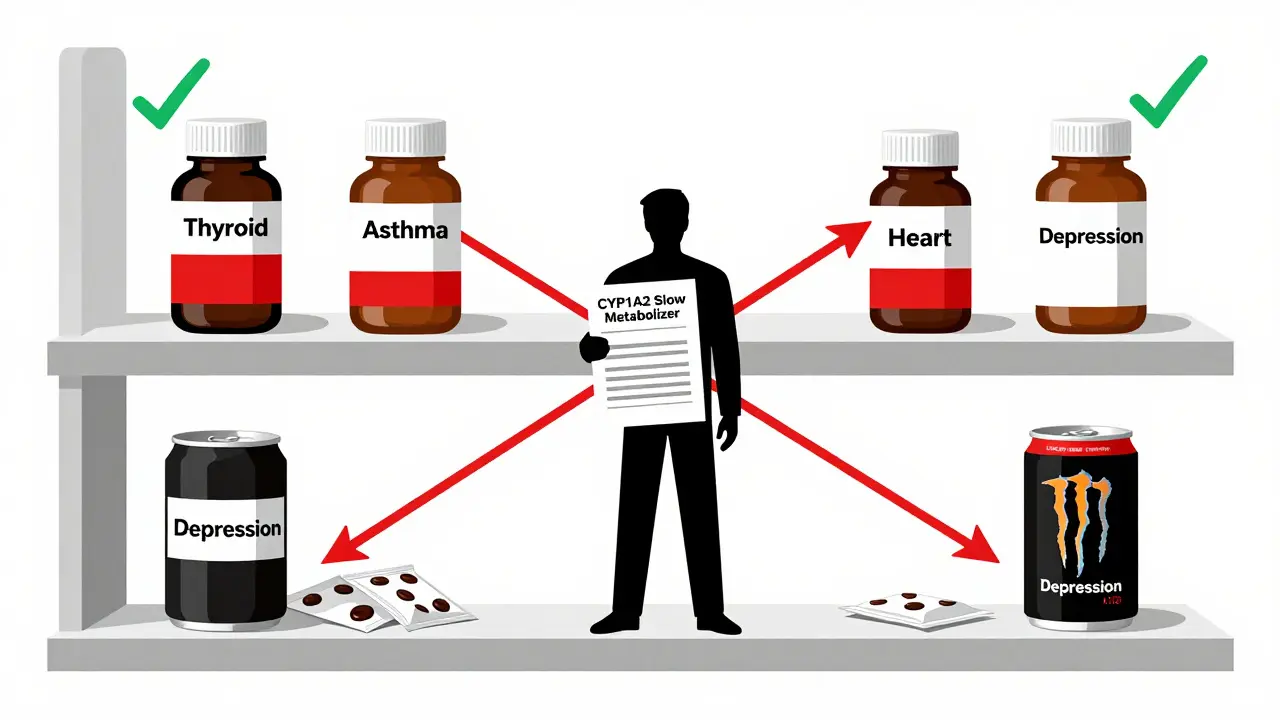 Botellas de medicamentos junto a bebidas con líneas rojas y verdes que indican interacciones peligrosas y seguras.