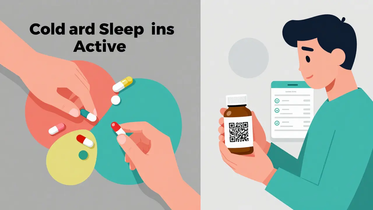 Comparación visual entre combinar múltiples medicamentos y escanear un código QR para ver ingredientes y dosis seguras.