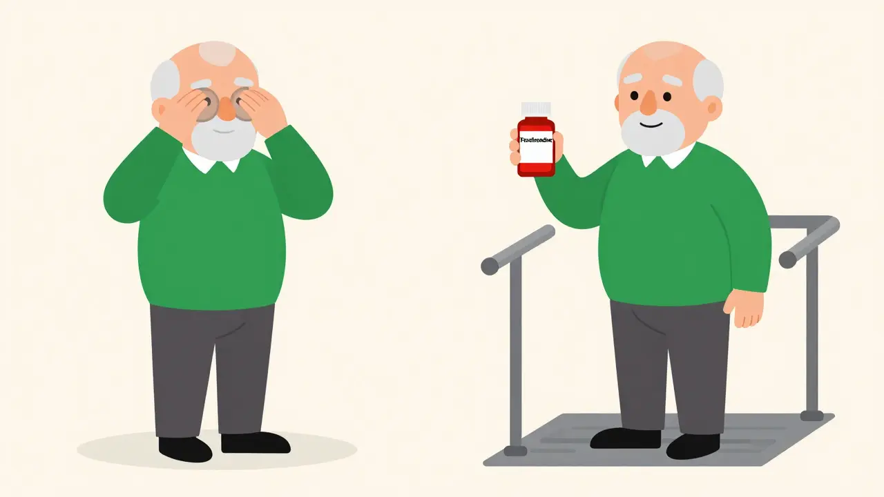 Comparación visual: persona mayor con medicamento riesgoso vs. seguro, con elementos de seguridad visibles.