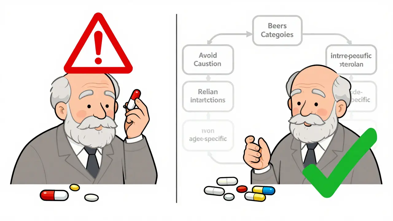 Comparación visual: un adulto mayor con muchos medicamentos peligrosos vs. uno con pocos medicamentos seguros, usando símbolos de riesgo y beneficio.