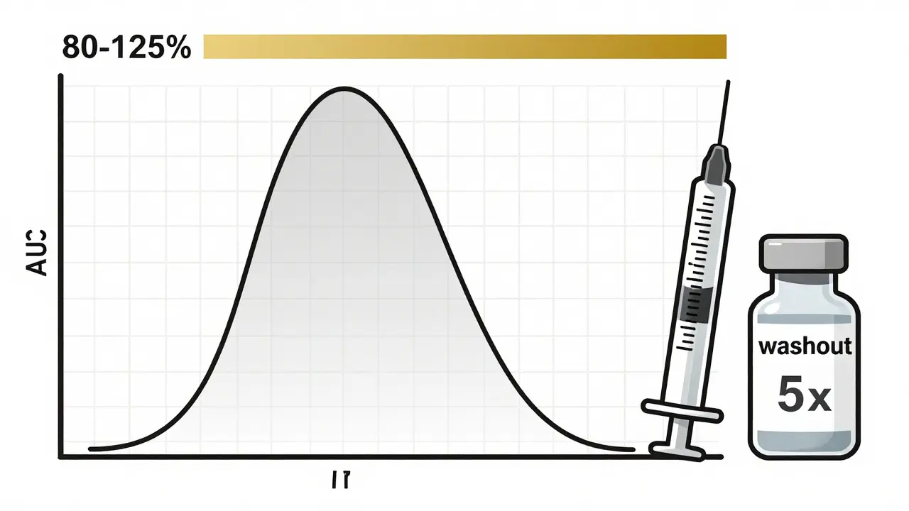 Curva de concentración en sangre con intervalo de bioequivalencia 80-125% y símbolo de lavado.