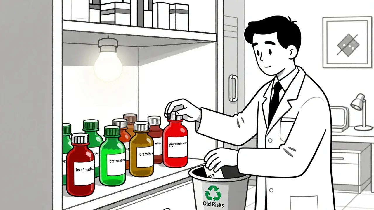 Farmacéutico retira medicamentos peligrosos del gabinete mientras se instalan medidas de prevención en el hogar.