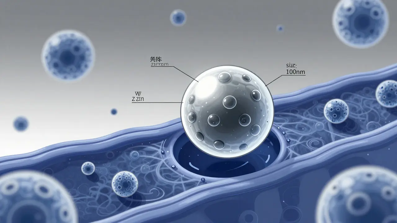 Inyección liposómica con nanopartículas uniformes acercándose a una célula, mostrando tamaño, carga y liberación controlada.
