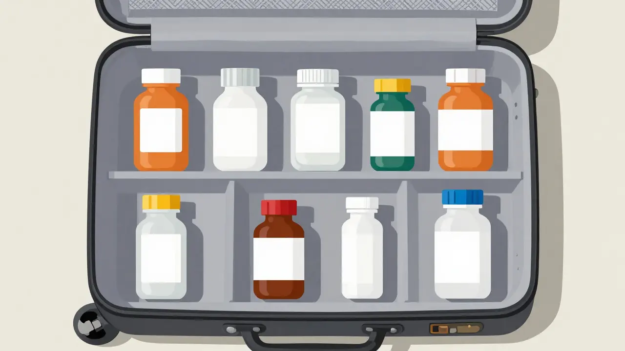 Maleta abierta con frascos de medicina organizados en patrón de cuadrícula limpia.