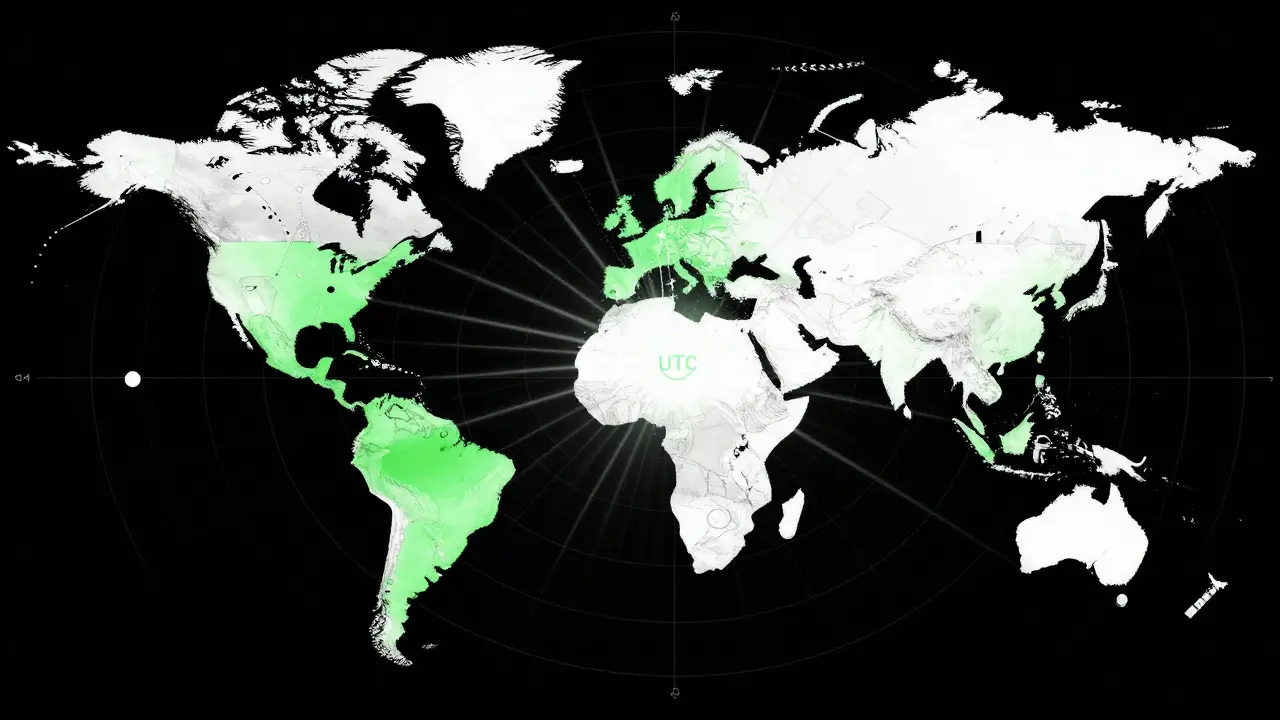Mapa mundial abstracto con relojes geométricos para zonas horarias médicas.