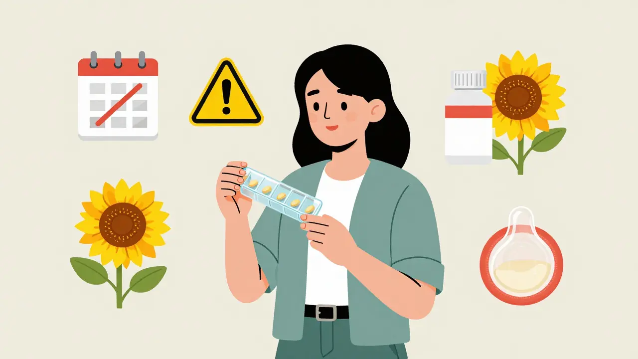 Mujer con organizador de píldoras, rodeada de íconos de interacciones peligrosas: antibióticos, hierba de San Juan y condón.