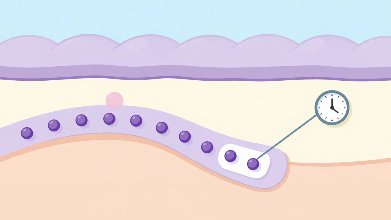 Parche transdérmico liberando medicamento lentamente a través de la piel, con indicador de tiempo y difusión controlada.