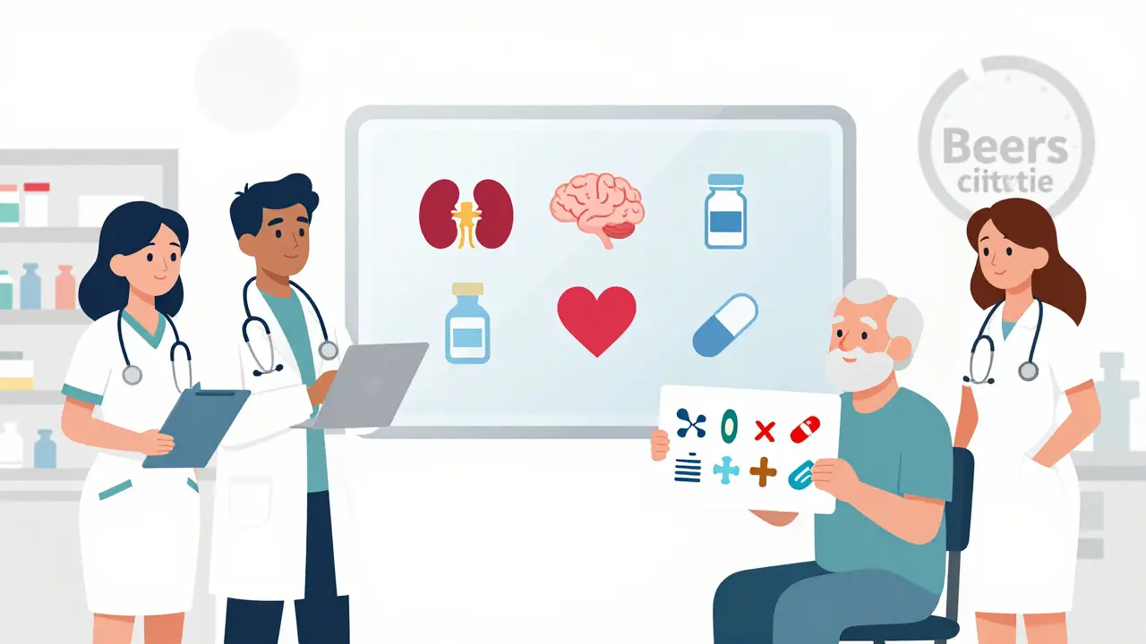 Profesionales de la salud revisan criterios Beers en una pantalla transparente mientras un paciente mayor observa con confianza.