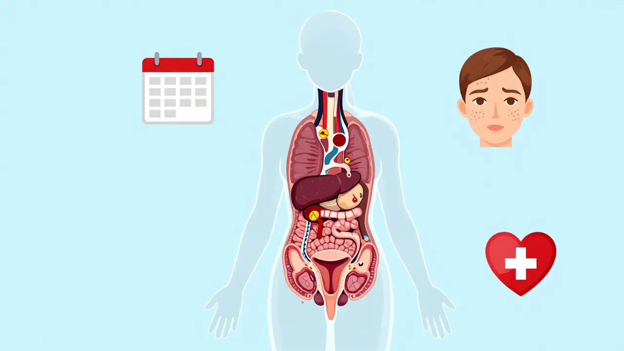 Silueta femenina transparente mostrando cómo funcionan las píldoras en el cuerpo, con beneficios ilustrados como ciclos regulares y piel clara.