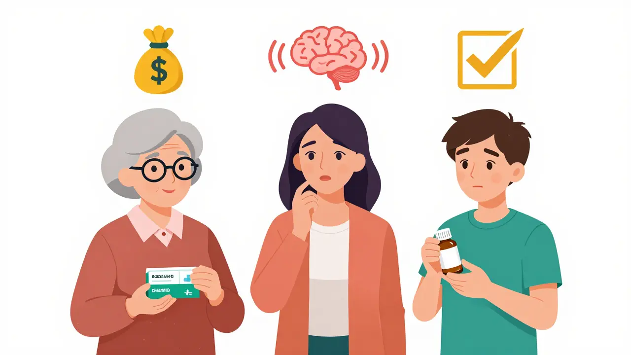 Tres generaciones en una farmacia, cada una con una actitud diferente hacia los medicamentos de marca y genéricos.