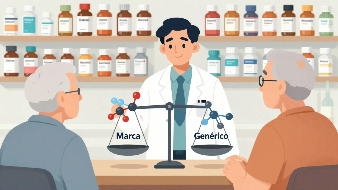 Un farmacéutico explica a un paciente que dos medicamentos tienen la misma estructura molecular, con un equilibrio visual perfecto.