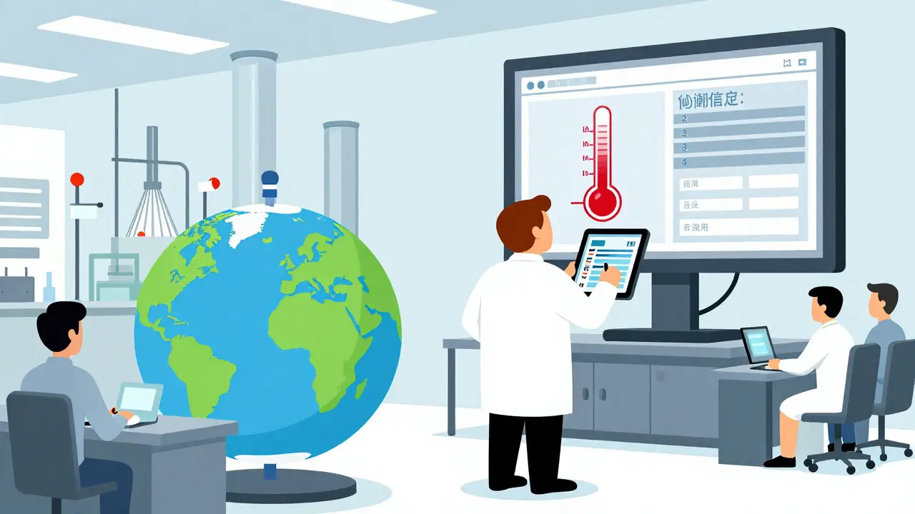 Un inspector de la FDA revisa datos en tiempo real en una fábrica internacional, con una alerta de desviación en una pantalla.