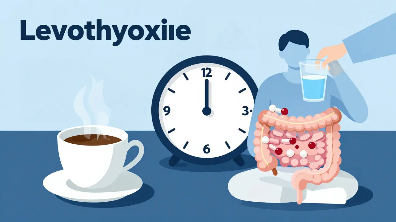 Un paciente toma una pastilla con agua mientras un café está cerca, con un reloj indicando 60 minutos de separación.