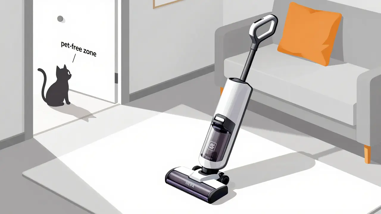 Dibujo estilizado de una zona libre de mascotas y una aspiradora con filtro HEPA en un salón.