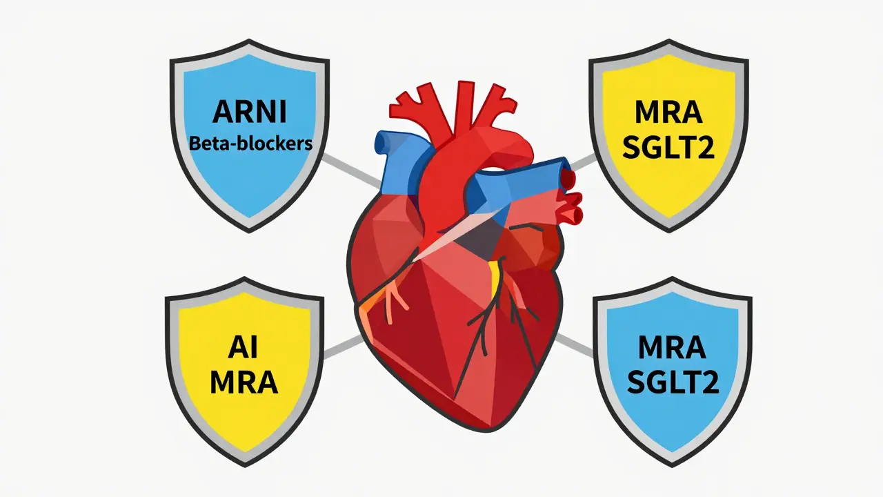 Diseño gráfico suizo de un corazón protegido por cuatro escudos coloridos que simbolizan la terapia cuádruple.