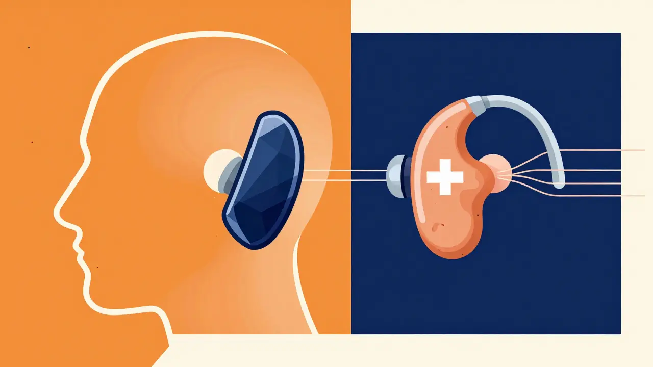 Diseño minimalista de un audífono digital y un implante coclear en un perfil humano.