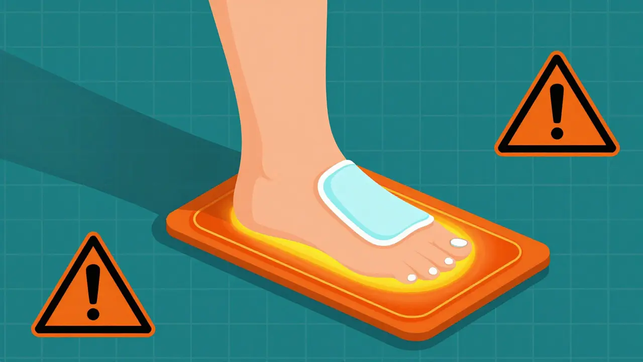 Gráfico conceptual que muestra el peligro de usar almohadillas térmicas con geles analgésicos.