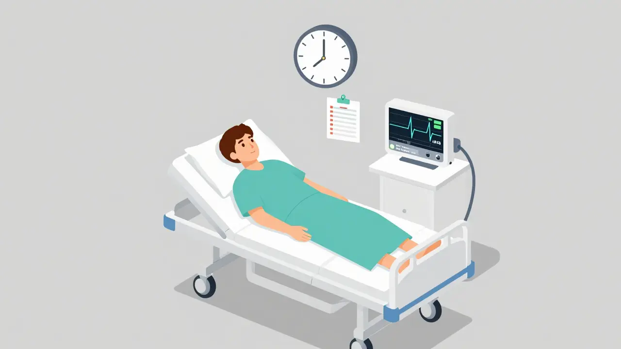 Ilustración de un paciente en monitoreo clínico con un reloj y monitor de signos vitales.