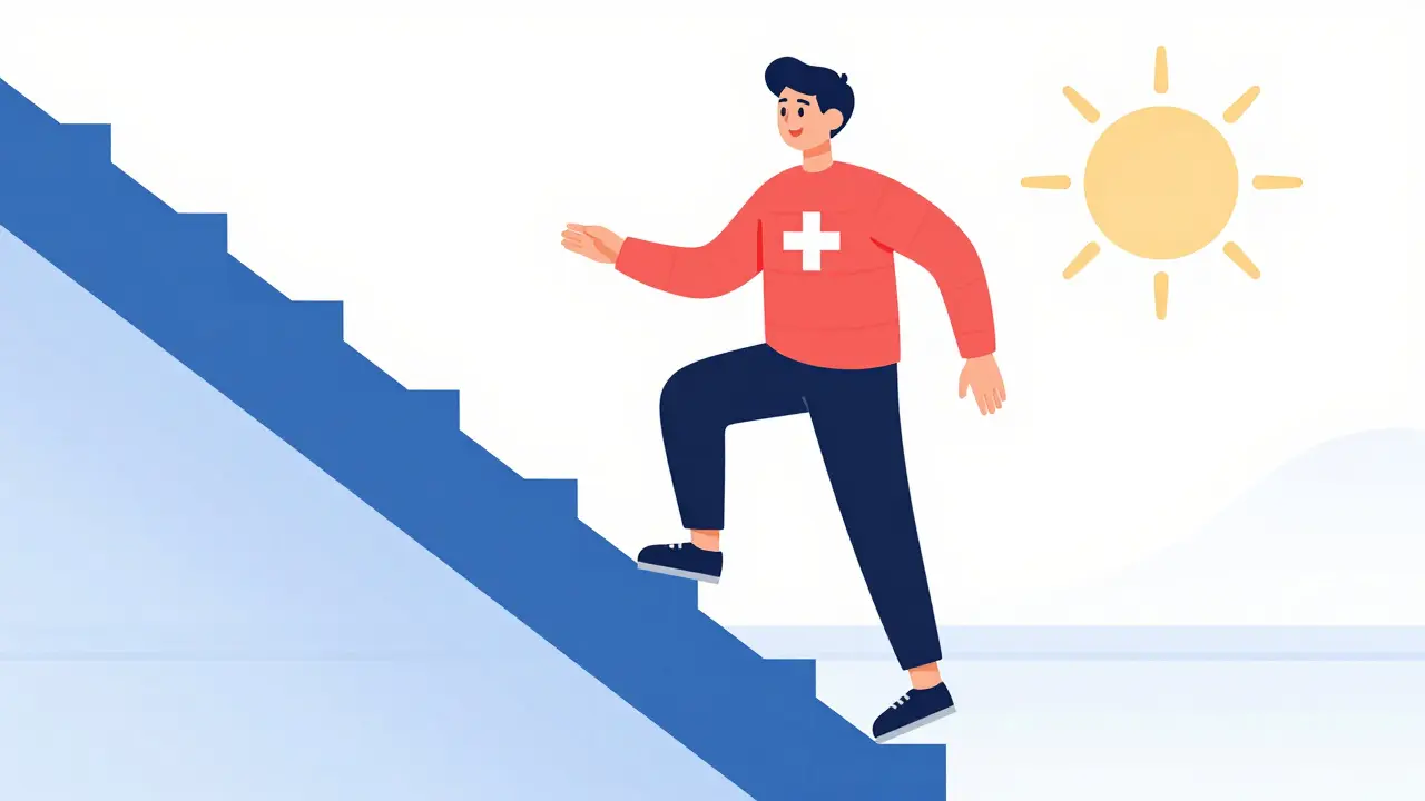 Ilustración minimalista de una persona subiendo escaleras con energía, simbolizando la mejora de la salud cardíaca.