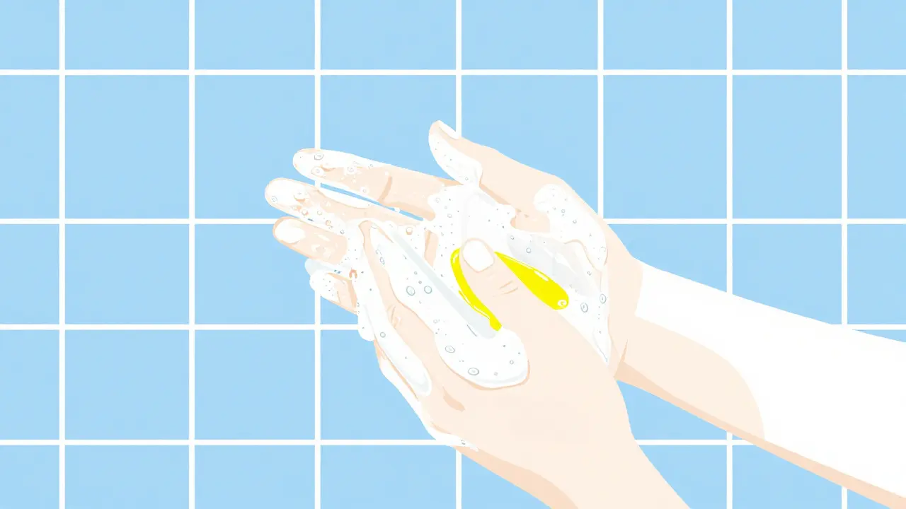 Ilustración sencilla de manos lavándose con agua y jabón tras aplicar cremas tópicas.