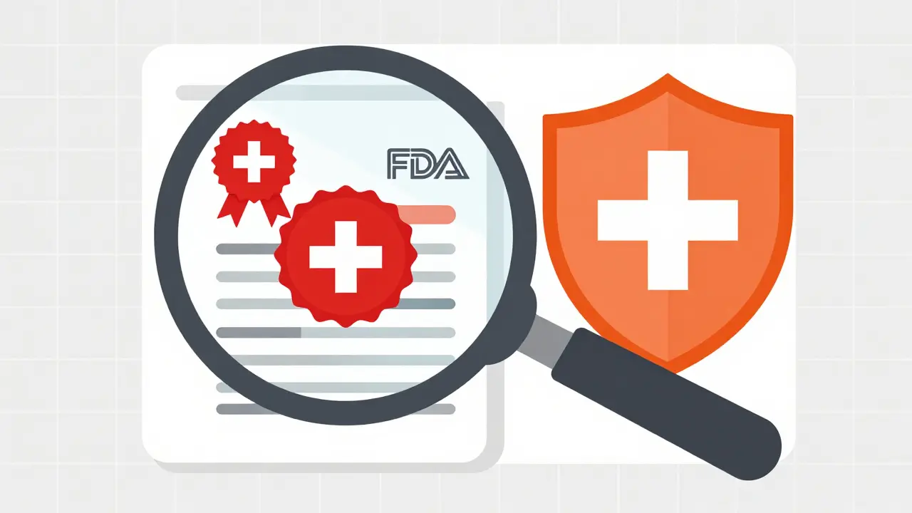 Lupa analizando una receta médica con un sello de seguridad.