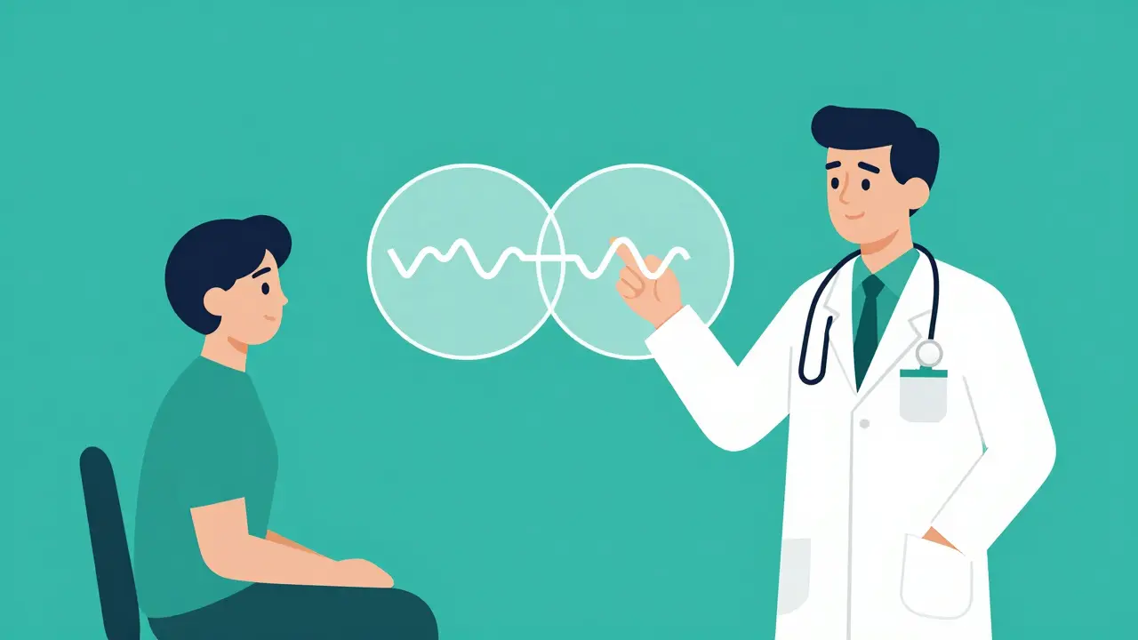 Médico explicando la bioequivalencia a un paciente mediante un diagrama geométrico simple.