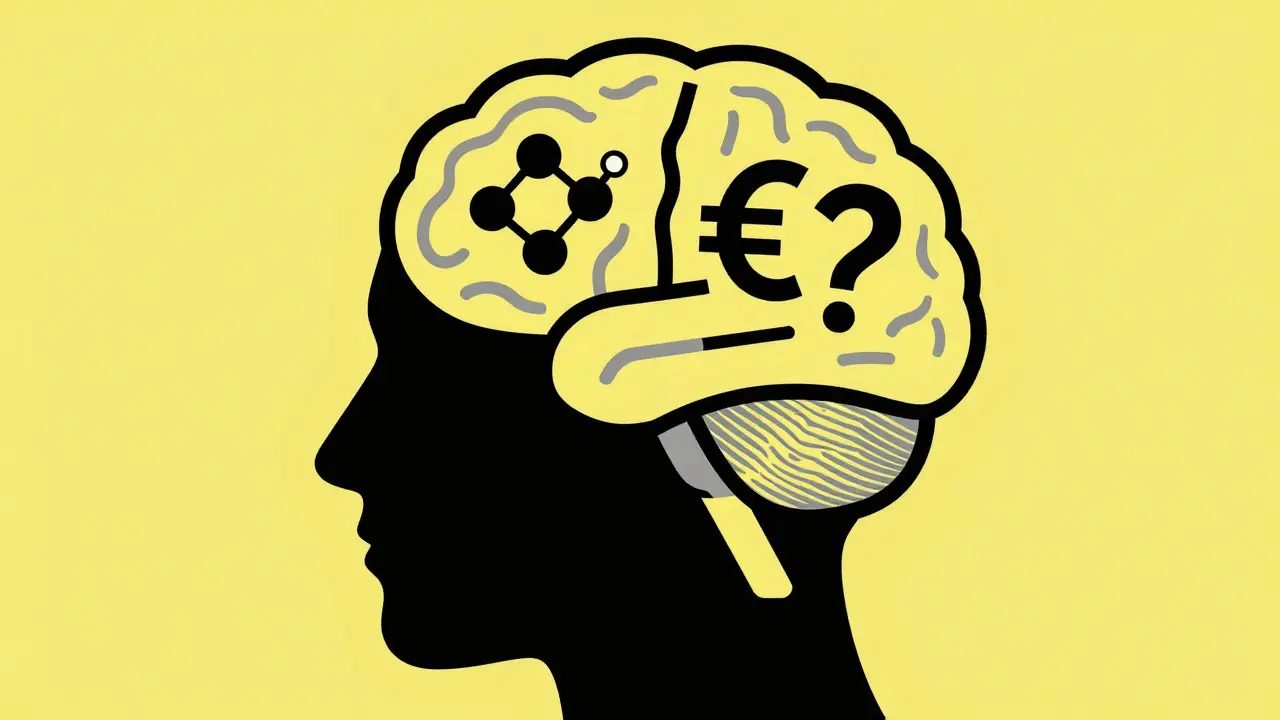 Perfil humano estilizado mostrando la lucha mental entre la química del fármaco y el costo.