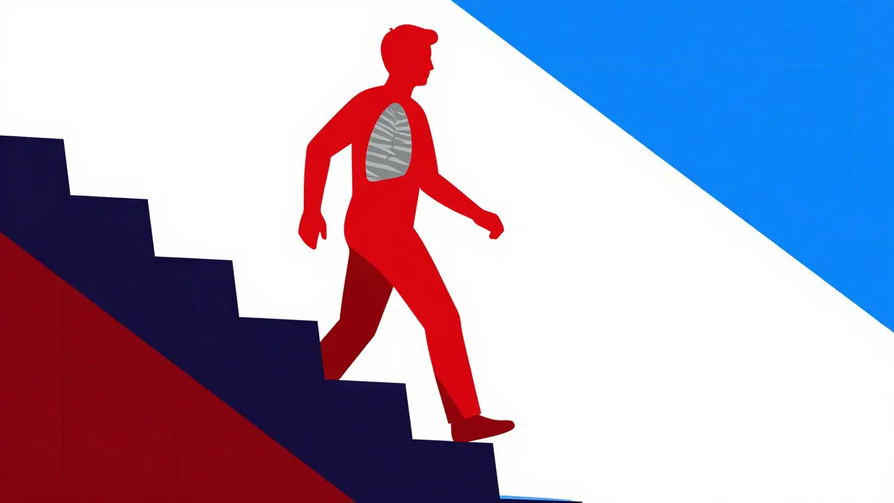 Persona subiendo escaleras con dificultad respiratoria en estilo gráfico suizo.