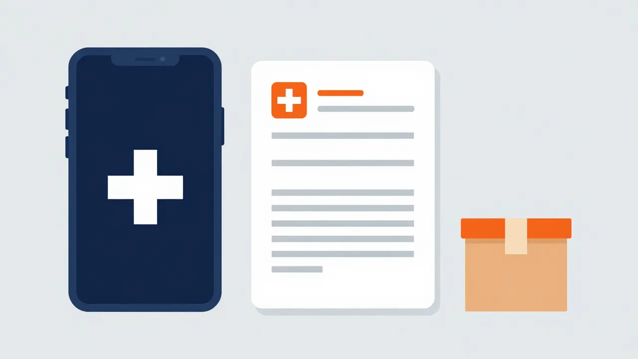 Representación gráfica de una consulta de telemedicina y envío discreto de medicación.